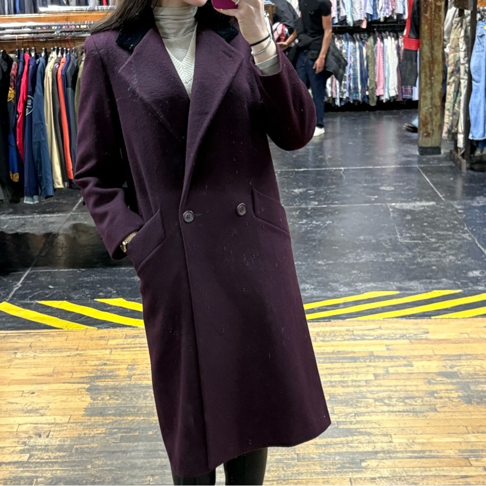 Jones New York Long Wool Coat Purple Velvet Collar Overcoat Vintage